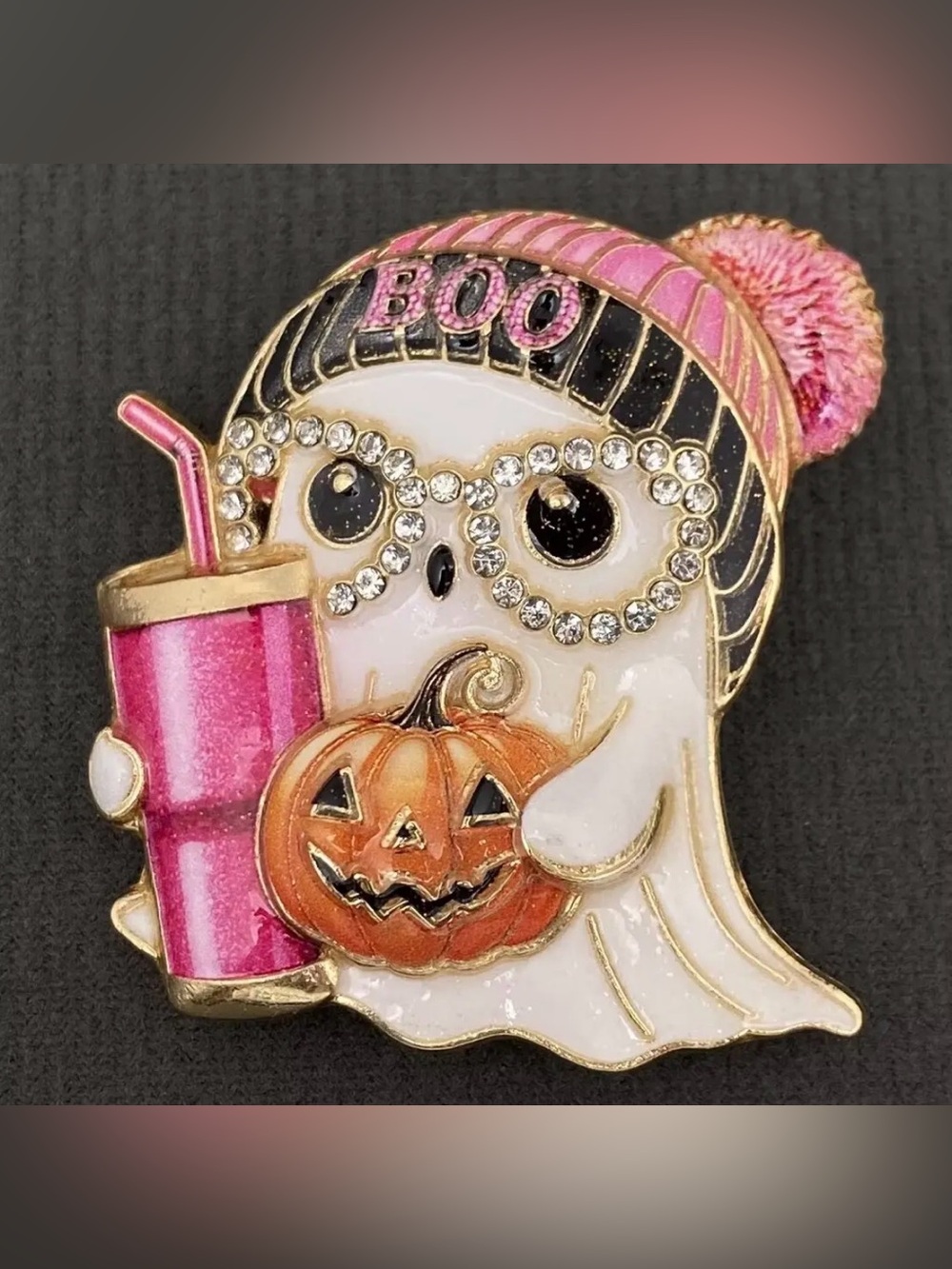 Bougie Pink Ghost Brooch with Pumpkin and Rhinestone Glasses